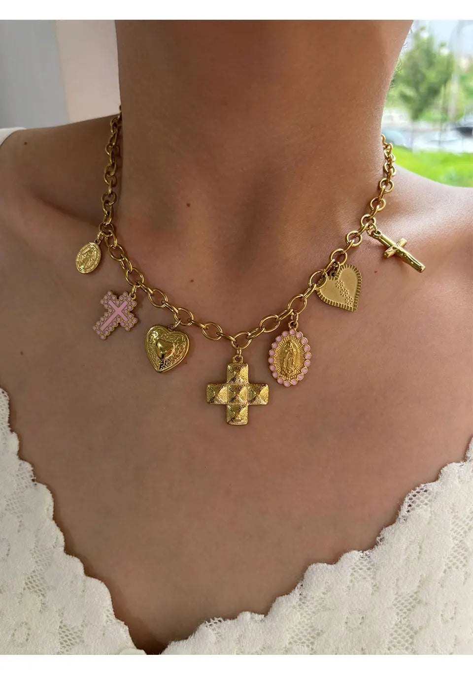 Peri'sbox Anti-Tarnish Fashion 18K Gold Plated Cross Heart Oval Pendant Necklace Creative Design Stainless Steel Women's Jewelry