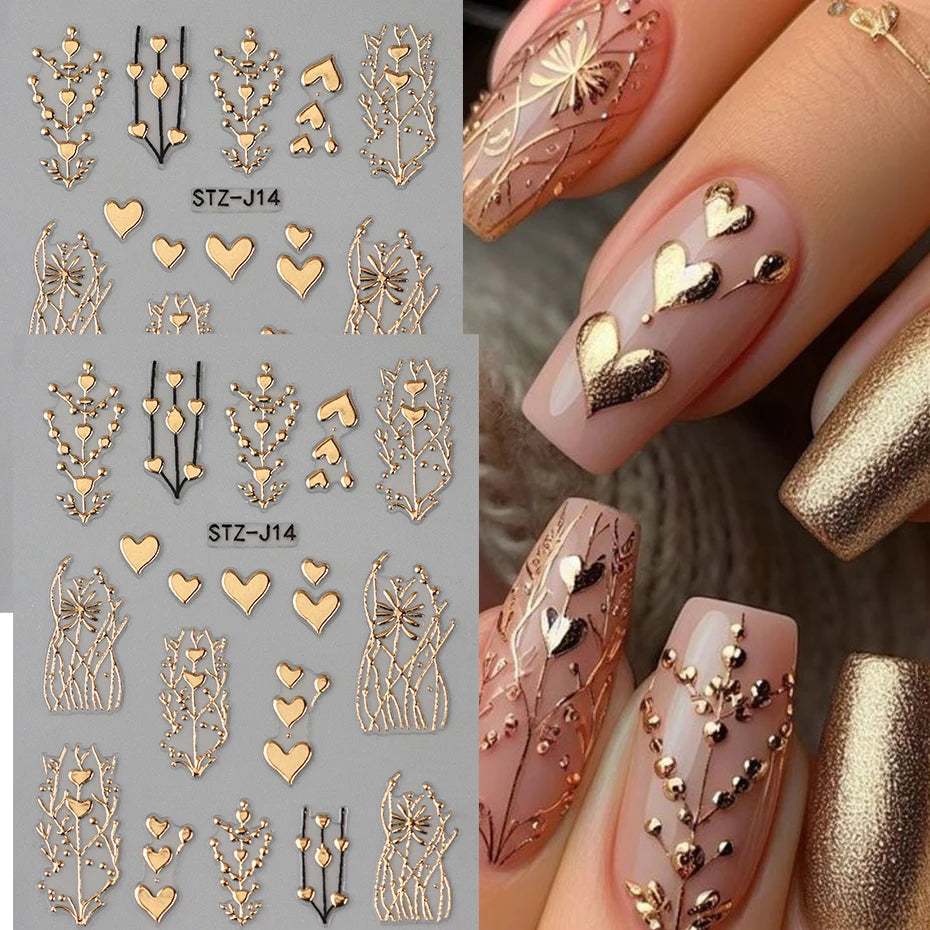2pcs 3D Bronzing Heart Nail Stickers - Self Adhesive Nail Decals Metallic Heart Designs for Valentine'S Day Manicure Decoration
