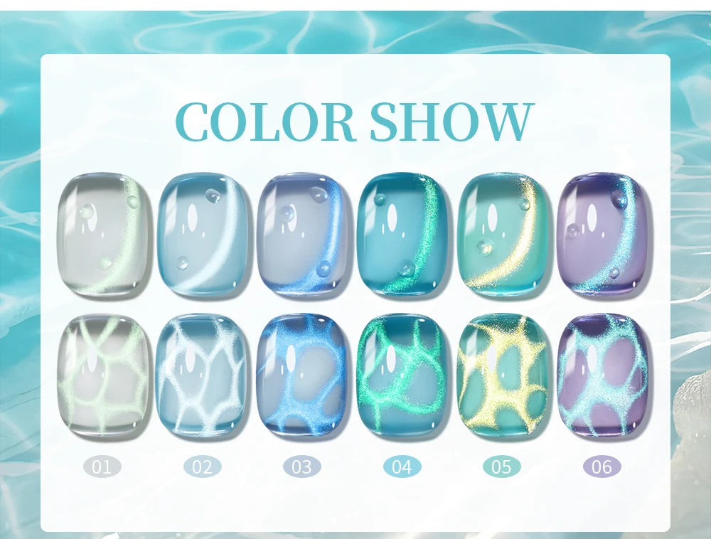 AWStorG 7.5ml Ocean Ripple Cat Eye Gel Kit Shiny Blue Green Glitter Cat Magnetic Gel Nail Polish Soak Off UV Nail Art Varnish