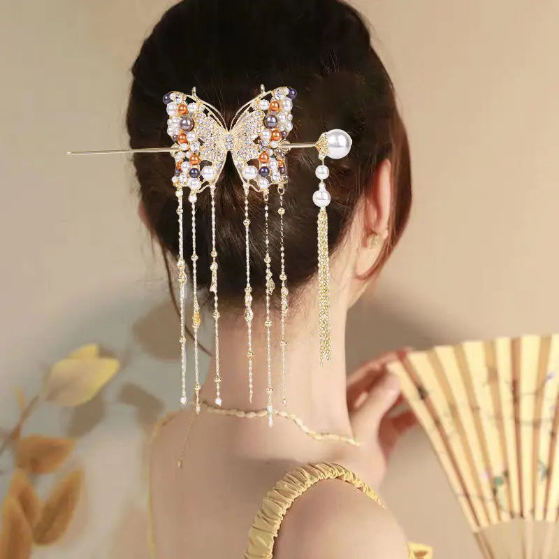 Luxury Pearl Butterfly Hairpin - Colored Alloy Hair Clip with Tassels