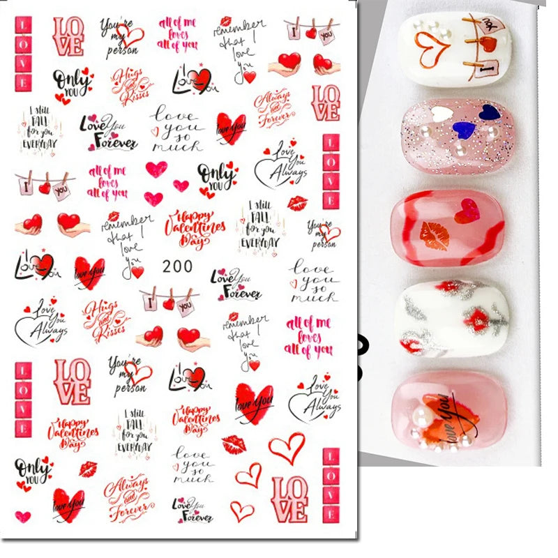 3d Pink Hearts Balloon Valentine Day Love Letters Nail Art Stickers Adhesive Sliders Nail Decals Decoration Manicure Accessories