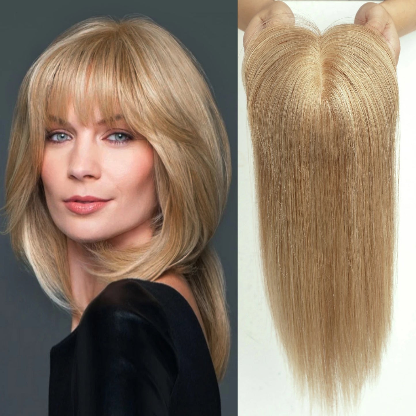 Brown Blonde Ombre 14 Inch Silk Base Human Hair Topper Remy Hair Clip In Top Piece for Women with Bangs Extensions for Thinning