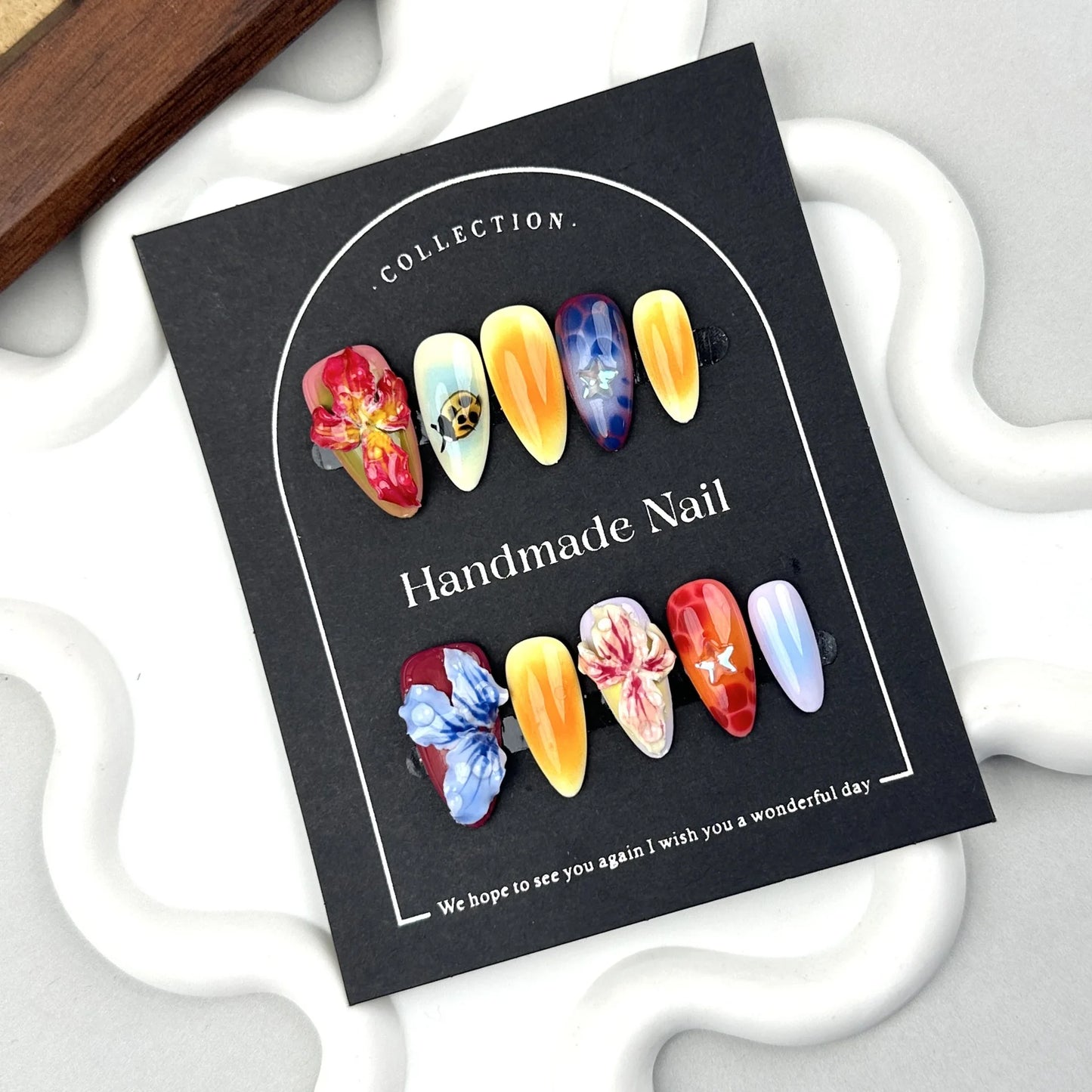 Handmade Press on Nails Hand Carved Petals Design False Nails Full Cover Wearable Ins Fashion Colorful Almond Fake Nail Tips