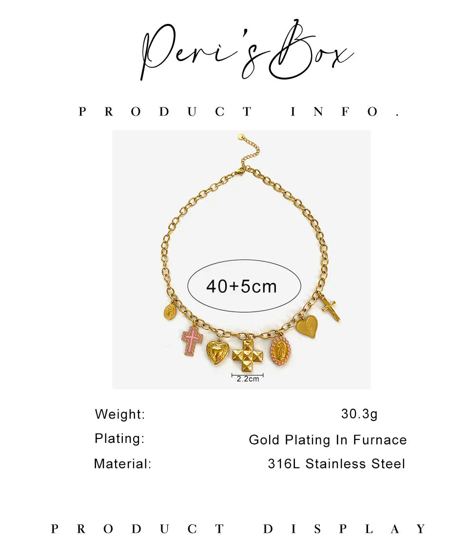 Peri'sbox Anti-Tarnish Fashion 18K Gold Plated Cross Heart Oval Pendant Necklace Creative Design Stainless Steel Women's Jewelry