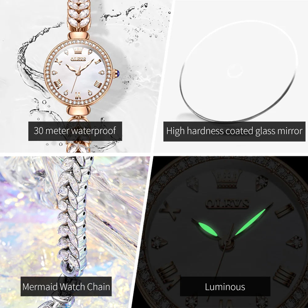 OLEVS 9971 Diamond Fishbone Women  Watch Luxury Brand Quartz Watch Elegant Bracelet Set Gift Box Waterproof HD Dial Women Watch