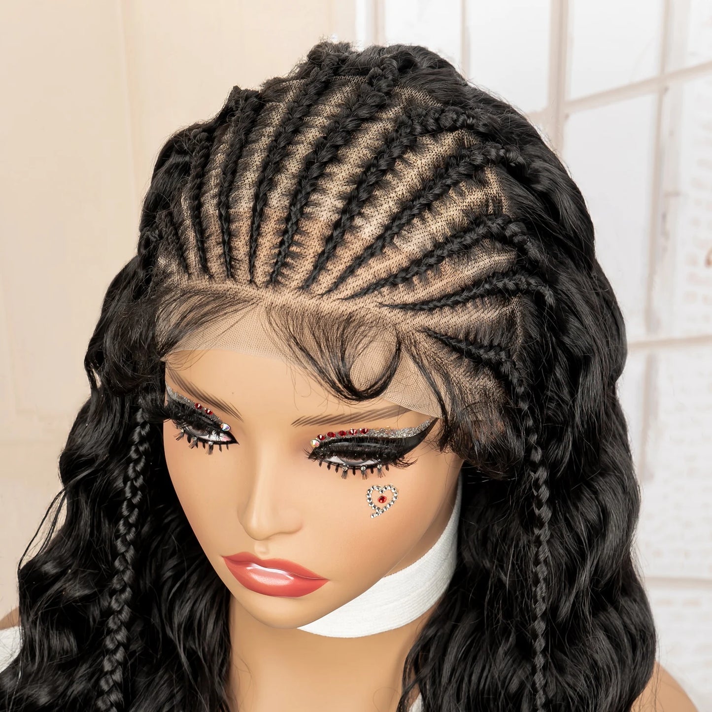 Synthetic Black Hair Wig with Braids for Women 28 Inch Wavy Natural Looking Synthetic Heat Resistant Fiber Wig for Daily Use