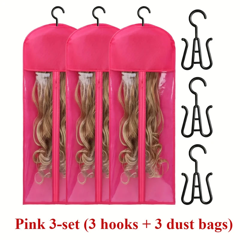 3pcs Wig Storage Set with Hooks Transparent Dust Bags Non-Woven Moisture-Proof Cover for Wigs Hairpieces Organizer Holder
