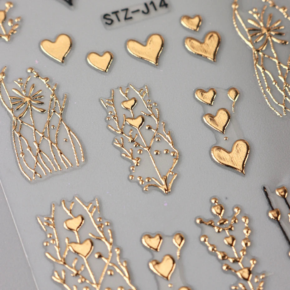 2pcs 3D Bronzing Heart Nail Stickers - Self Adhesive Nail Decals Metallic Heart Designs for Valentine'S Day Manicure Decoration