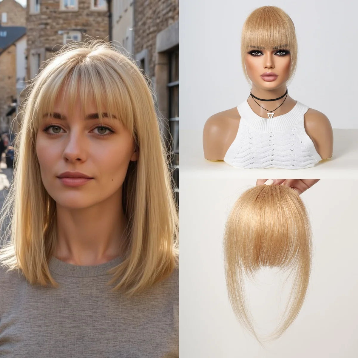 Clip in Bangs Hair Pieces Blonde Bangs Clip in Bangs Natural Color Fringe with Temple Real Human Hair for Women Easy Wear