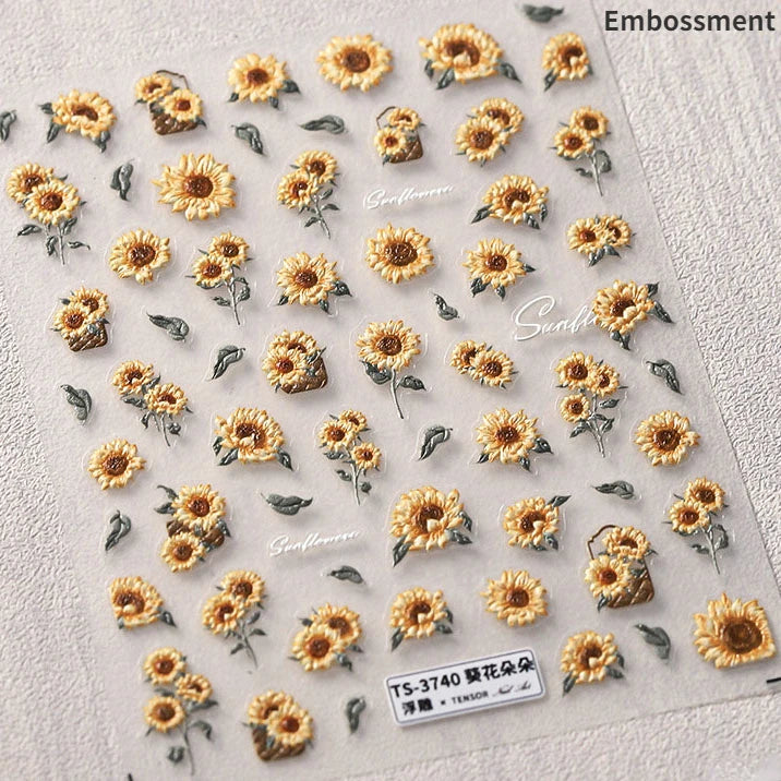 Yellow Autumn Osmanthus Flower Chrysanthemum Butterfly 5D Nail Art Sticker Chinese Character Vase Relief Adhesive Manicure Decal