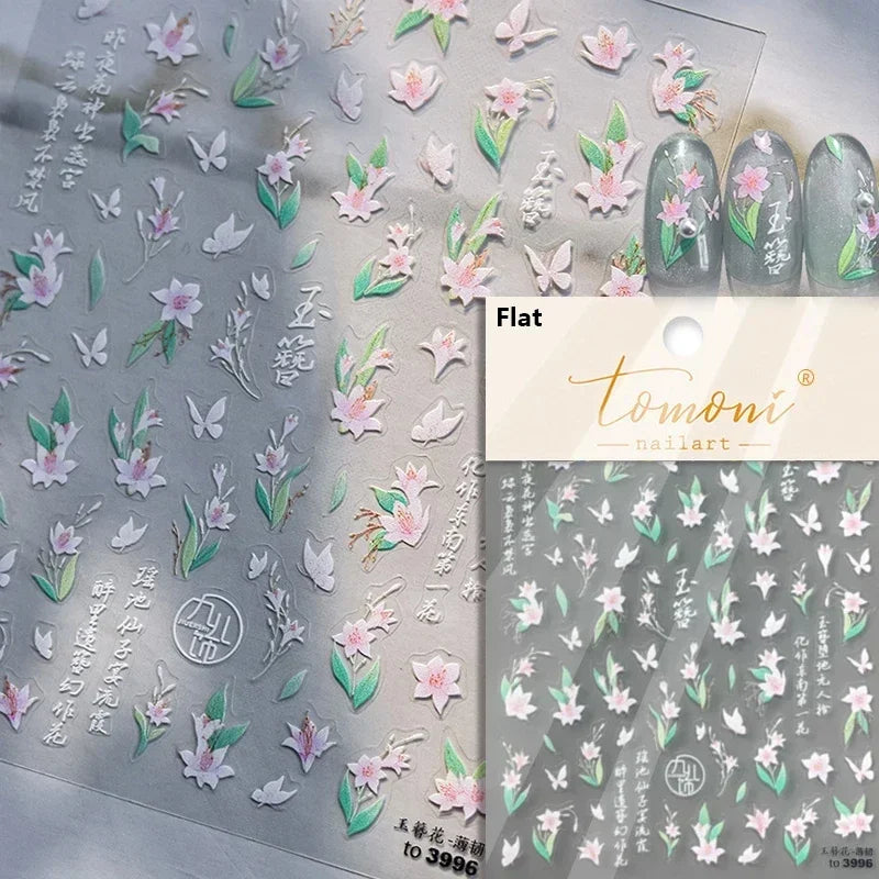 Yellow Autumn Osmanthus Flower Chrysanthemum Butterfly 5D Nail Art Sticker Chinese Character Vase Relief Adhesive Manicure Decal