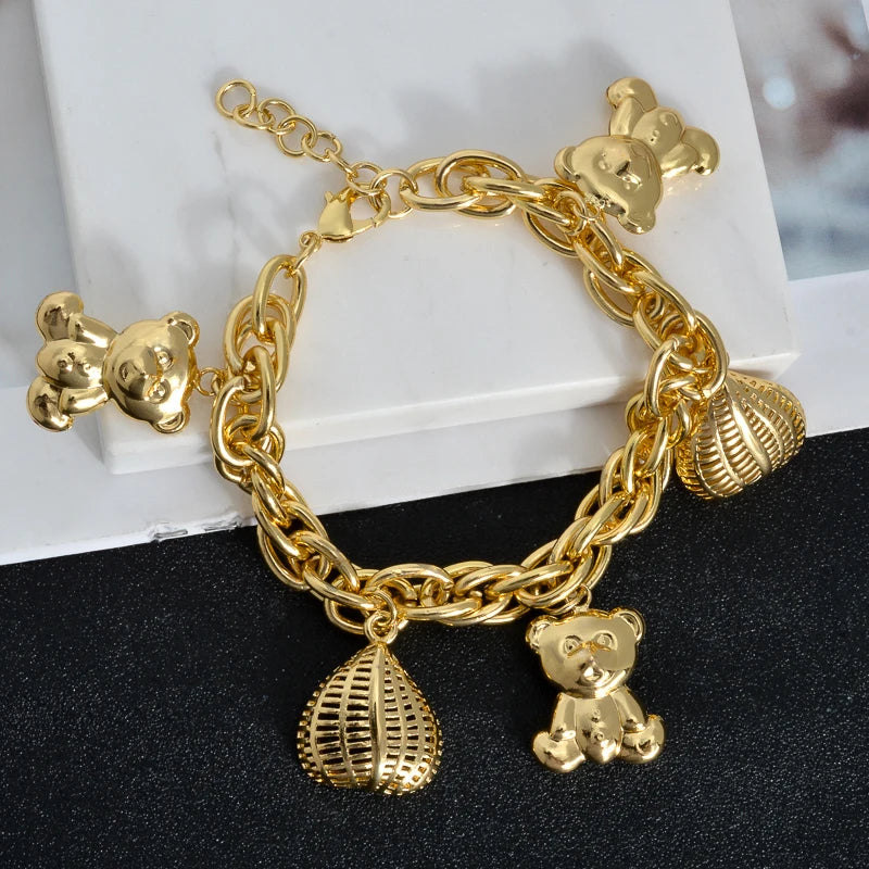 Cute Bear Heart Lock Matching Bracelets Set for Girls Teens Gold Plated Adjustable Bangle Best Friend Gift for Party