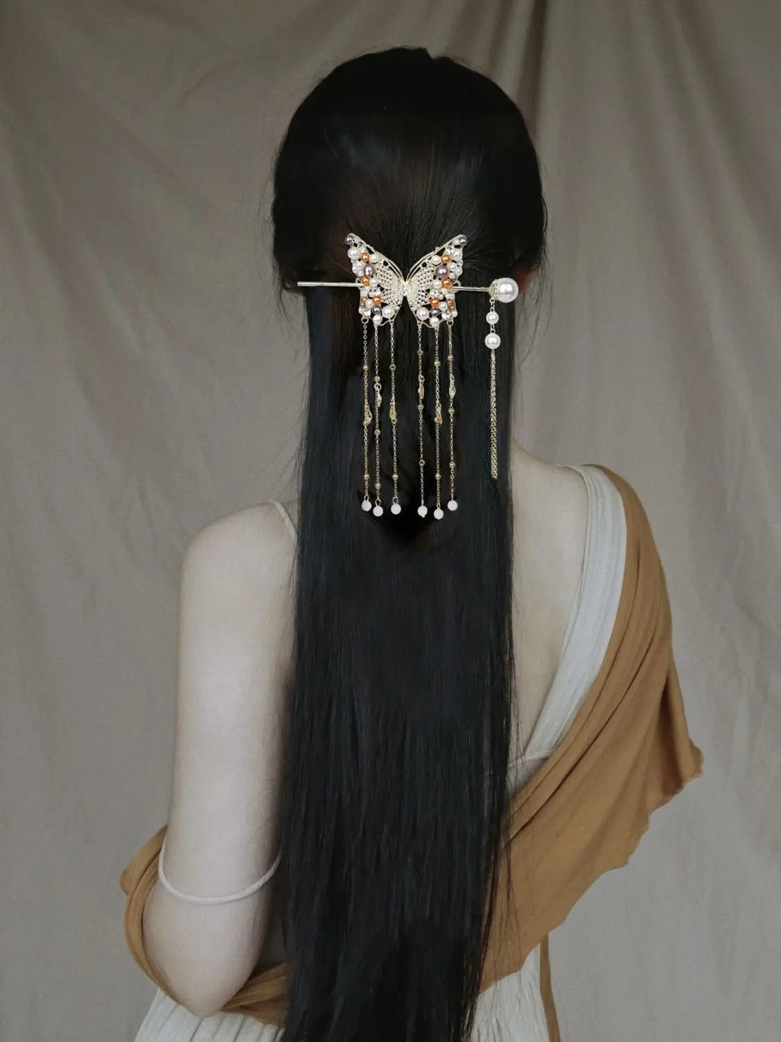 Luxury Pearl Butterfly Hairpin - Colored Alloy Hair Clip with Tassels