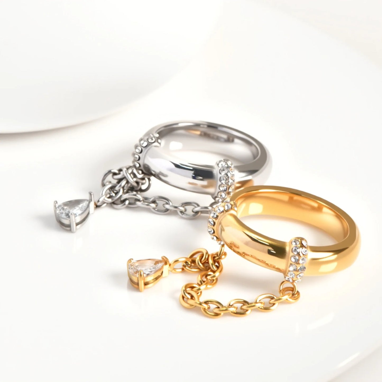 Stainless Steel 18k Gold Plated Tassel Drop Zircon Pendant Cz Stone Rings for Women Boho Luxury Tarnish Free Waterproof Jewelry