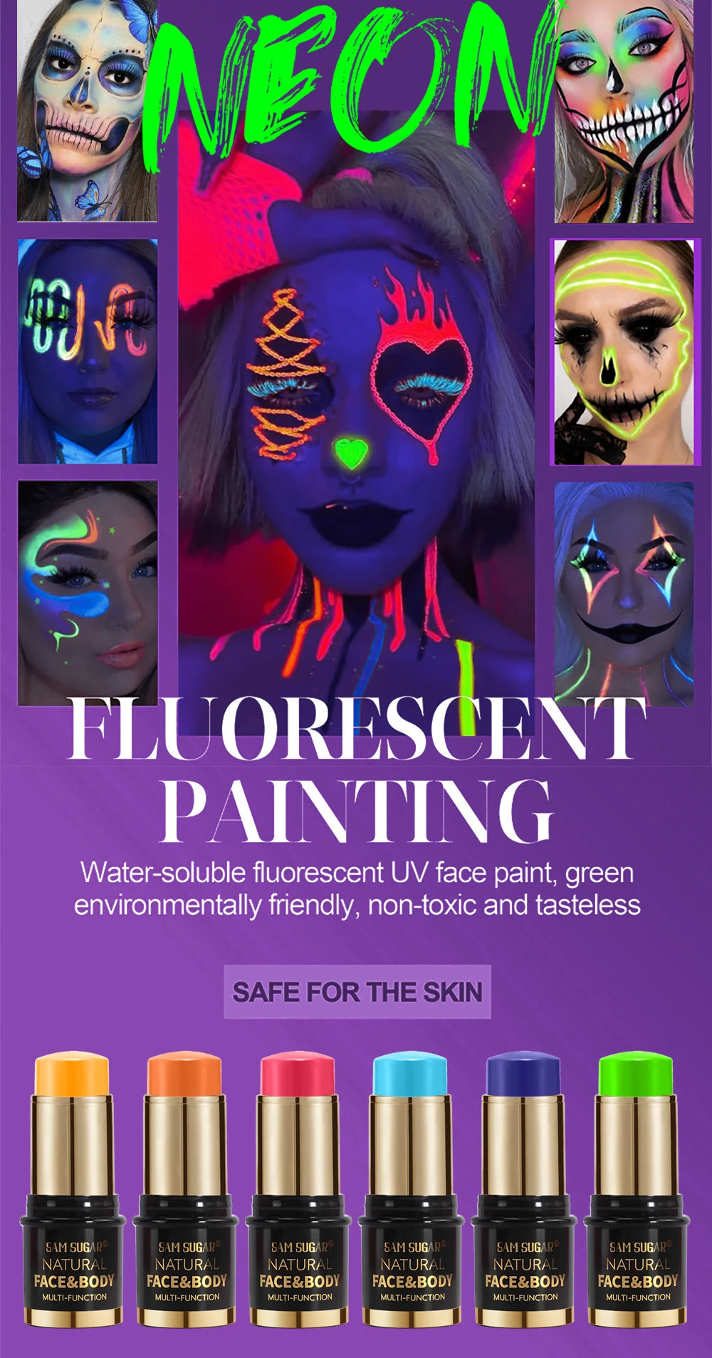 12-Colors Black White Halloween Makeup Waterproof Face & Body Paint Stick Neon Colorful Blue Green Yellow Face Paint Cosmetics