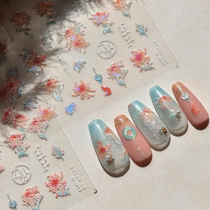 Yellow Autumn Osmanthus Flower Chrysanthemum Butterfly 5D Nail Art Sticker Chinese Character Vase Relief Adhesive Manicure Decal