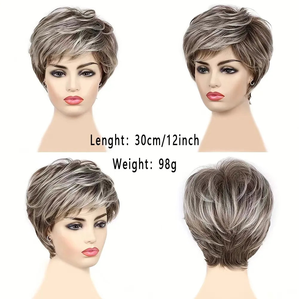 Short Synthetic Wig for Women Mixed Brown And Blonde Hair with Bangs Easy Care Non-Damaging Hairpiece