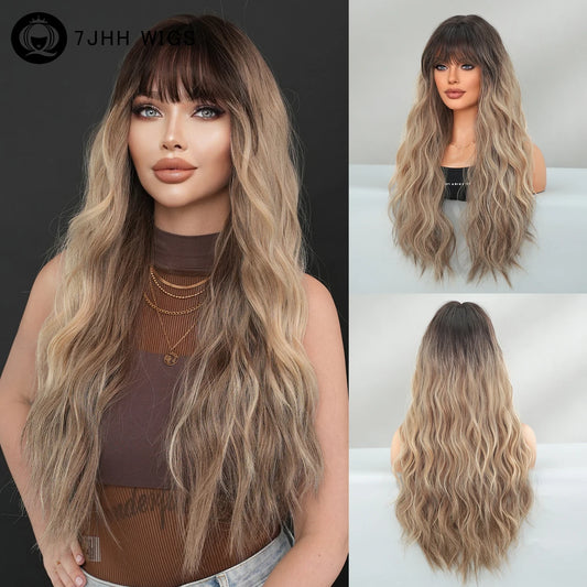 7JHH Synthetic Loose Wave Brown Wig - High Density with Dark Roots