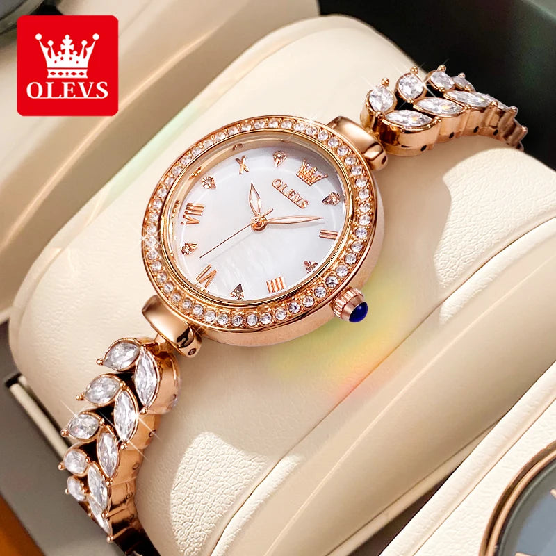 OLEVS 9971 Diamond Fishbone Women  Watch Luxury Brand Quartz Watch Elegant Bracelet Set Gift Box Waterproof HD Dial Women Watch