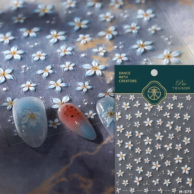 Yellow Autumn Osmanthus Flower Chrysanthemum Butterfly 5D Nail Art Sticker Chinese Character Vase Relief Adhesive Manicure Decal