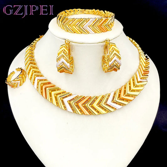 GZJPEI Tricolor Jewelry Set For Nigerian  Bridal Wedding Gift Hight Quality 18K Gold Plated Large Necklace Bracelet Earring Ring