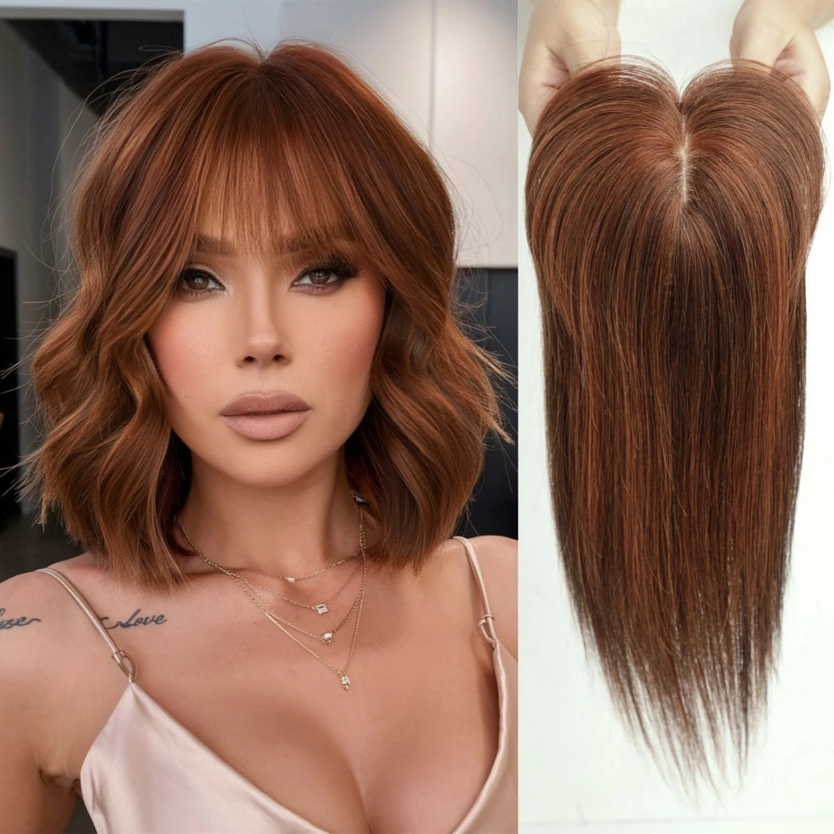 Brown Blonde Ombre 14 Inch Silk Base Human Hair Topper Remy Hair Clip In Top Piece for Women with Bangs Extensions for Thinning
