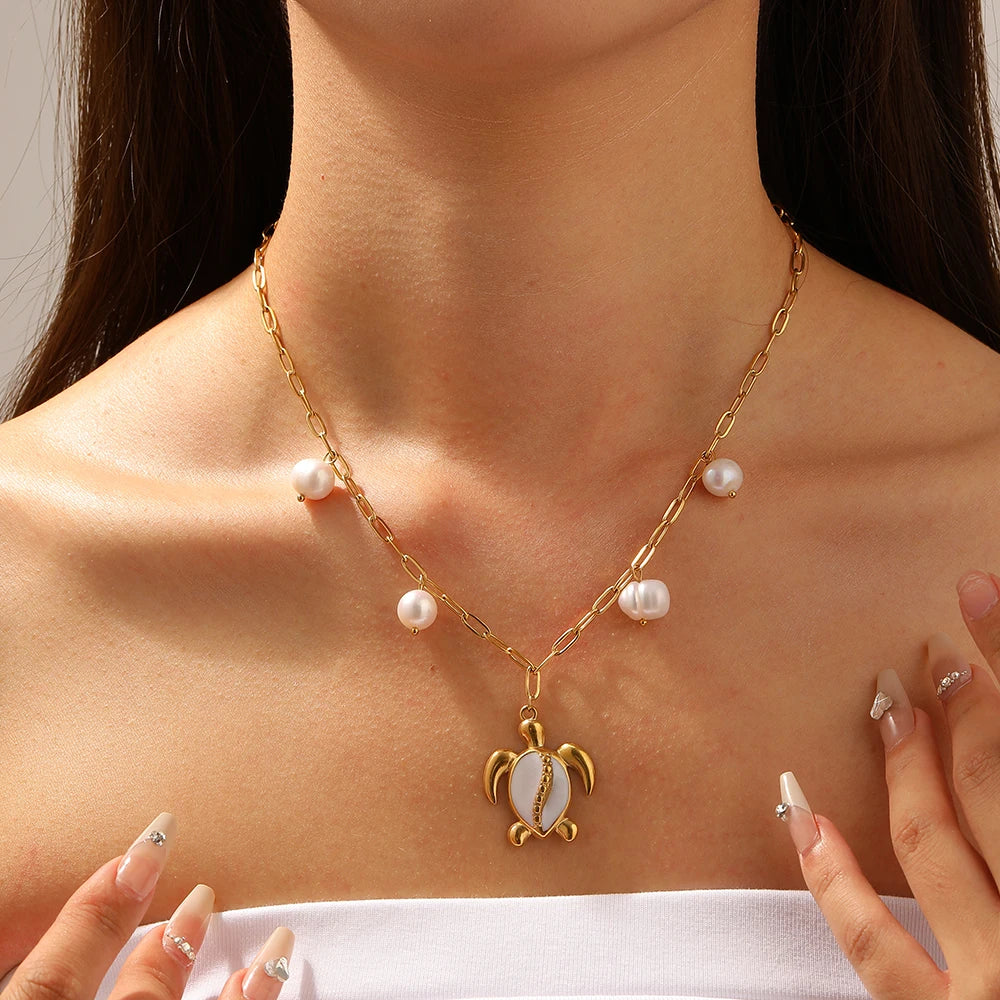 DIEYURO 316L Stainless Steel White Dripping Oil Animal Turtle Pearl Pendant Necklace Lady Fashion Neck Chain Jewelry Gift