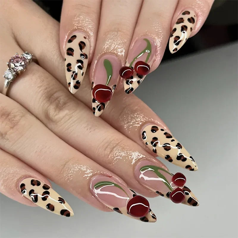 24Pcs Leopard Print Fake Nails Black Bow Press on Long Almond with Rhinestone False Nails Wearable Finished Fingernails Nail Art