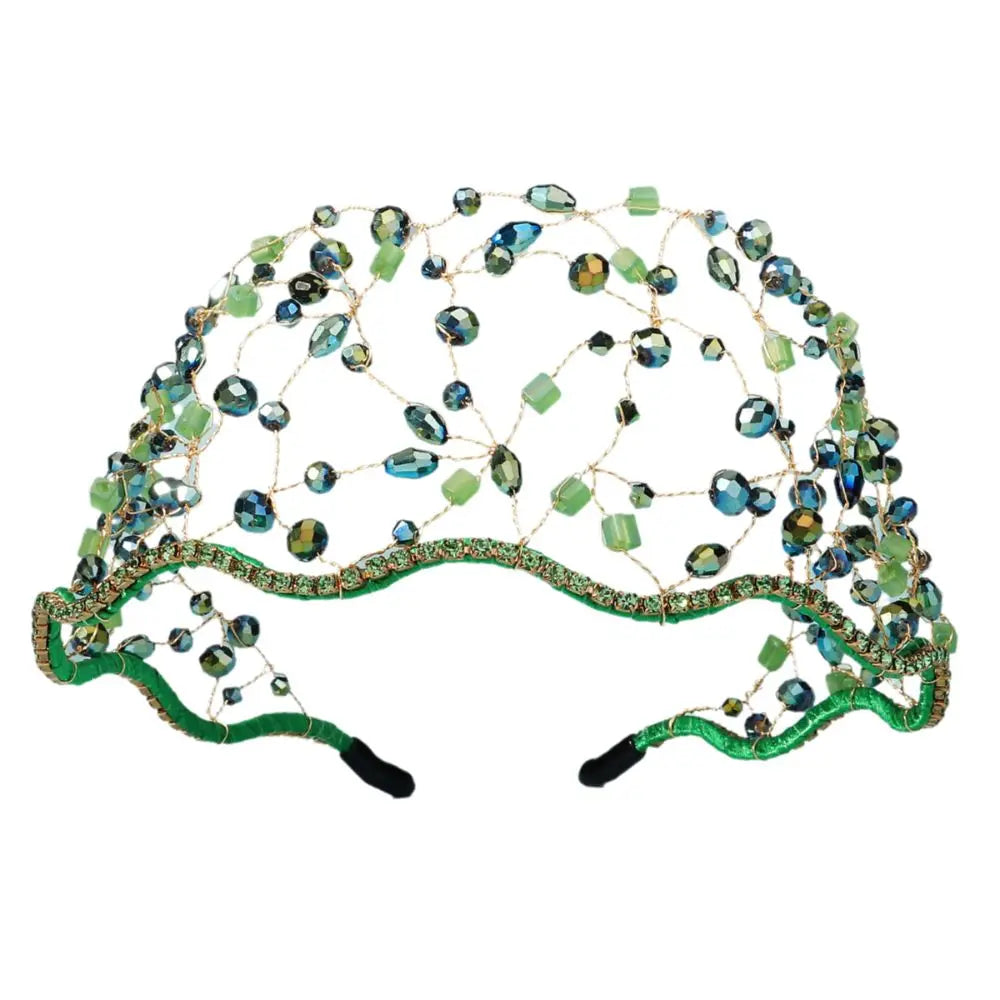 Handmade Crystal Beads Hair Net Crown Wedding Headpieces Hair Jewelry Sparkling Rhinestone Tiara Hair Hoop Elegant Headbands