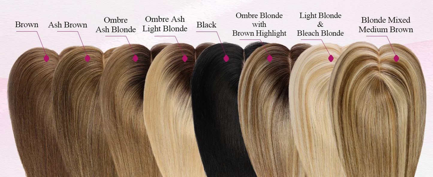 Brown Mixed Blonde Human Hair Topper with Bangs Natural Silk Straight Clip in Hair Extensions for Women with Thinning Hair 12 In