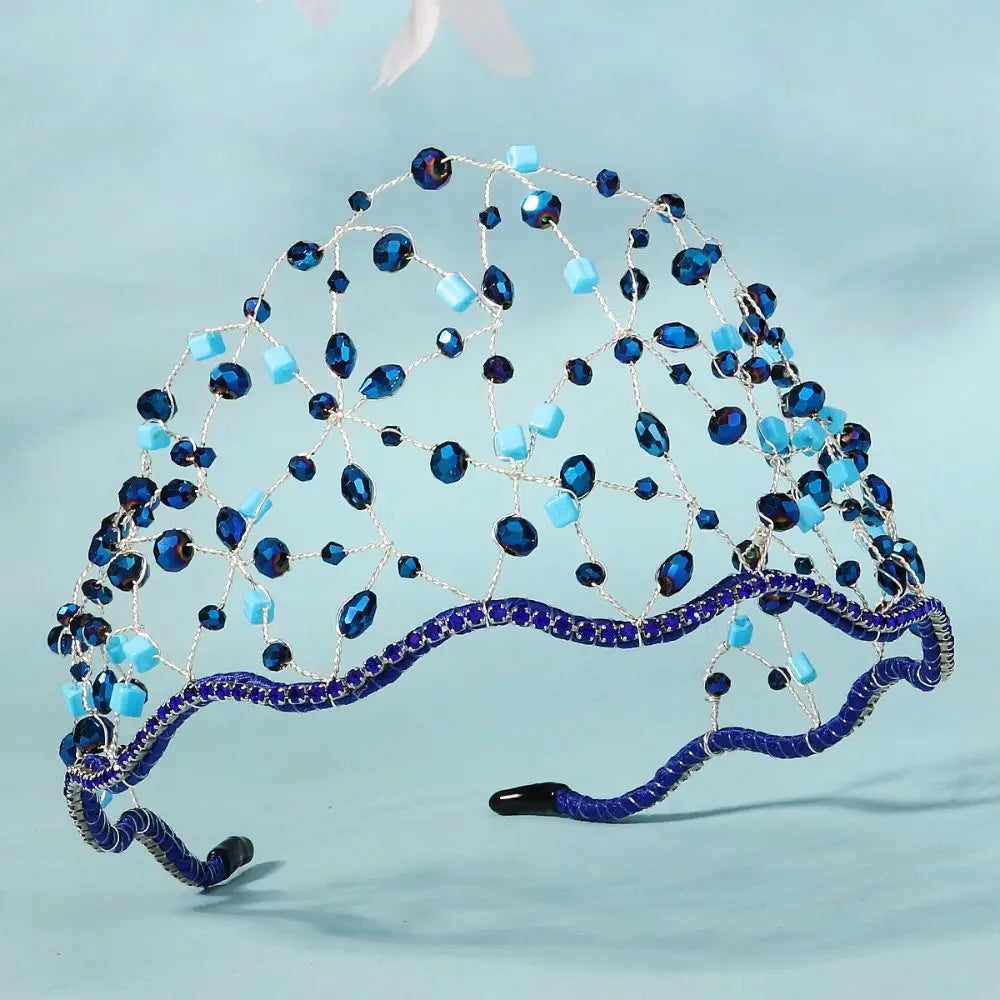 Handmade Crystal Beads Hair Net Crown Wedding Headpieces Hair Jewelry Sparkling Rhinestone Tiara Hair Hoop Elegant Headbands