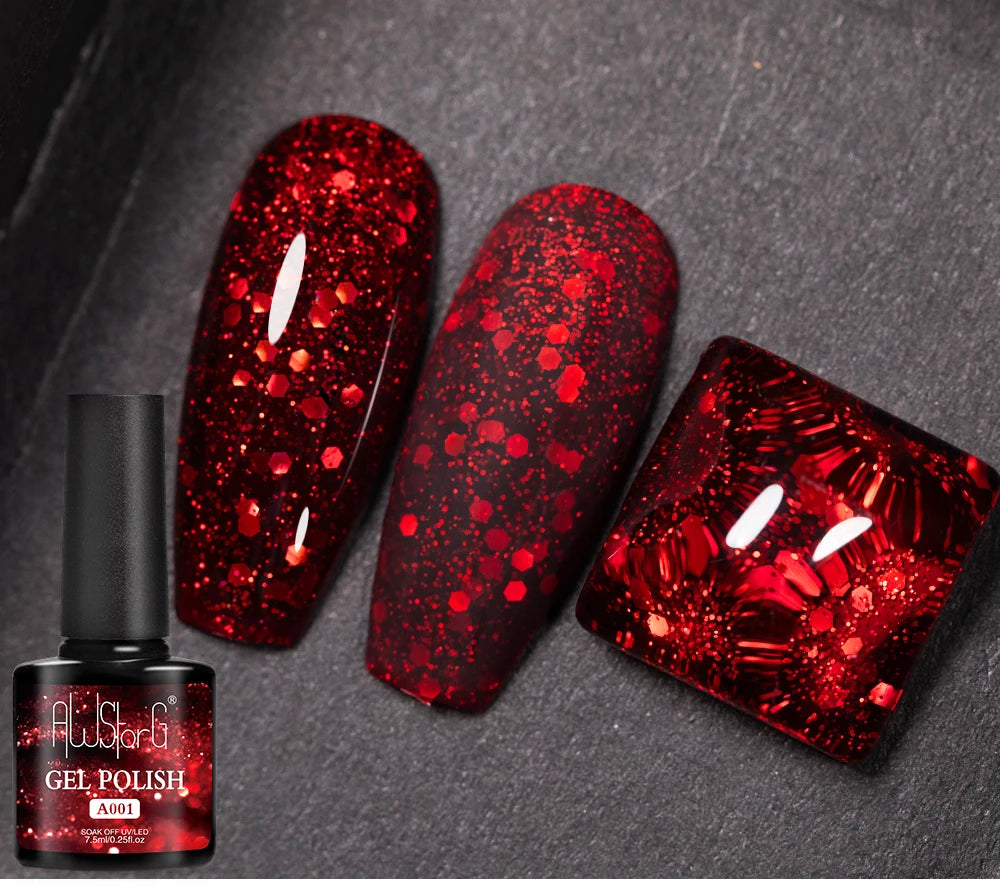 7.5ml Red Glitter Gel Nail Polish Crystal Semi Permanent Soak Off UV Gel Varnish Nail Art Manicure Base Matte Top Coat Vernis