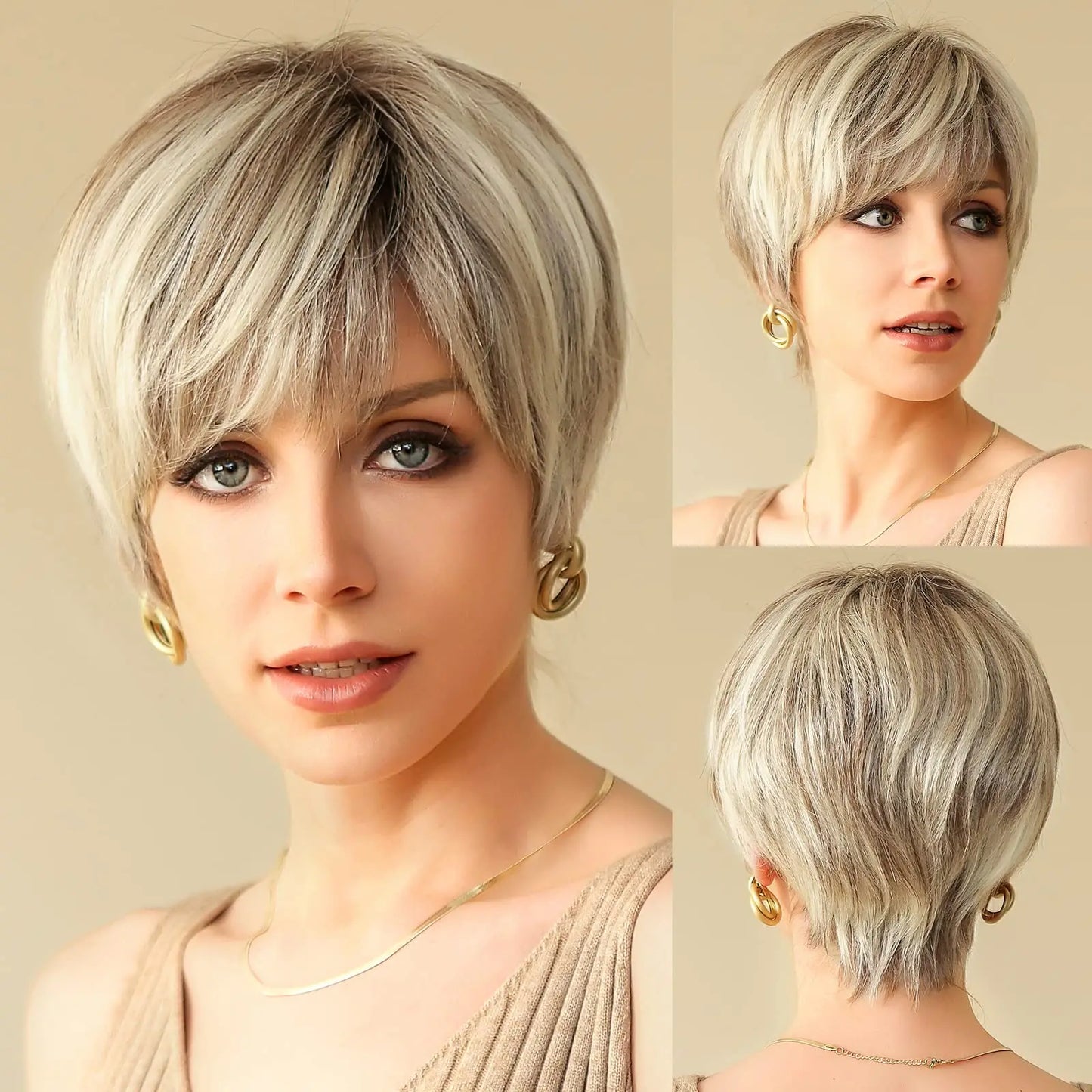 Lace Front Wigs Ombre Light Brown Remy Human Hair Ash Brown Pixie Cut Hairs with Bang Short Straight Wig for Women Bob Human Wig