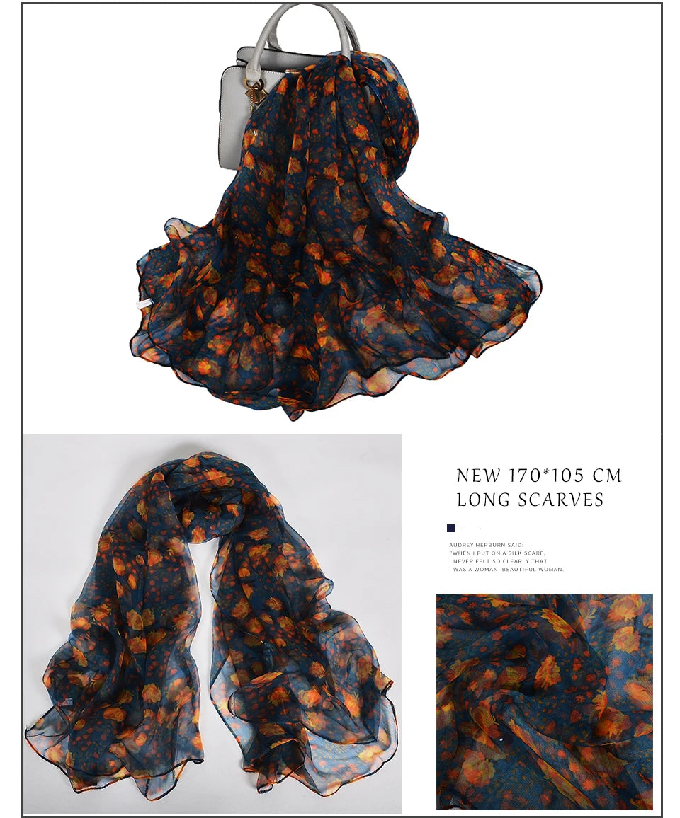 [BYSIFA] Red Black Women Long Silk Scarf Printed 170*105cm Fashion Leaves Pattern Brand 100% Pure Silk Shawl For Spring Autumn