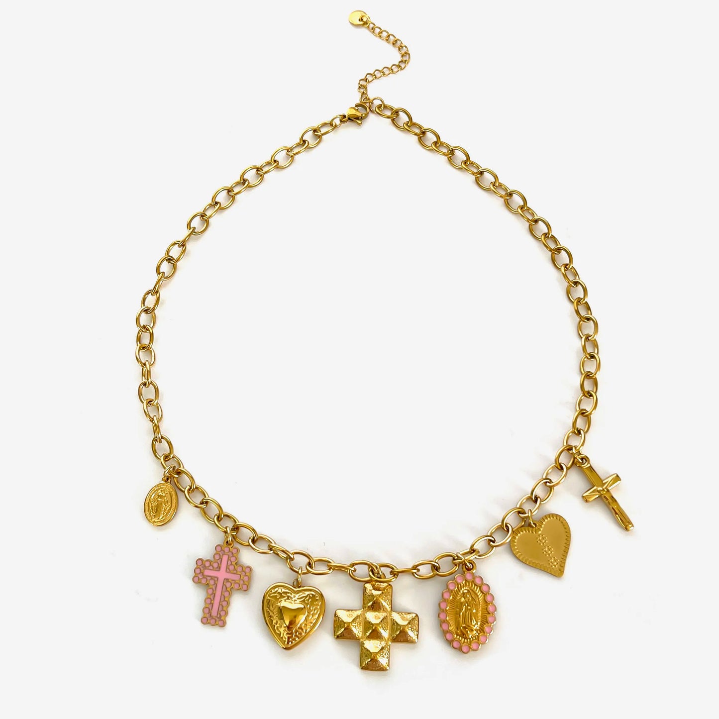 Peri'sbox Anti-Tarnish Fashion 18K Gold Plated Cross Heart Oval Pendant Necklace Creative Design Stainless Steel Women's Jewelry