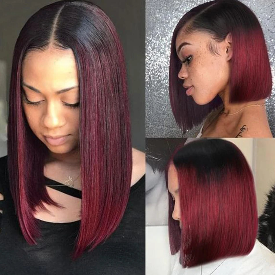 Bone Straight Short Bob Wig Human Hair Wigs For Women Burgundy 13X4 Lace Front Wigs 99J Bob Wig Brazilian Human Hair Pre Plucked