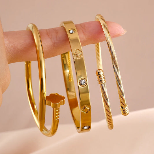 Yupsk New Creative Four-leaf Flower Series Stainless Steel Bracelets Set for Women Versatile Stackable Jewelry Couple Gift