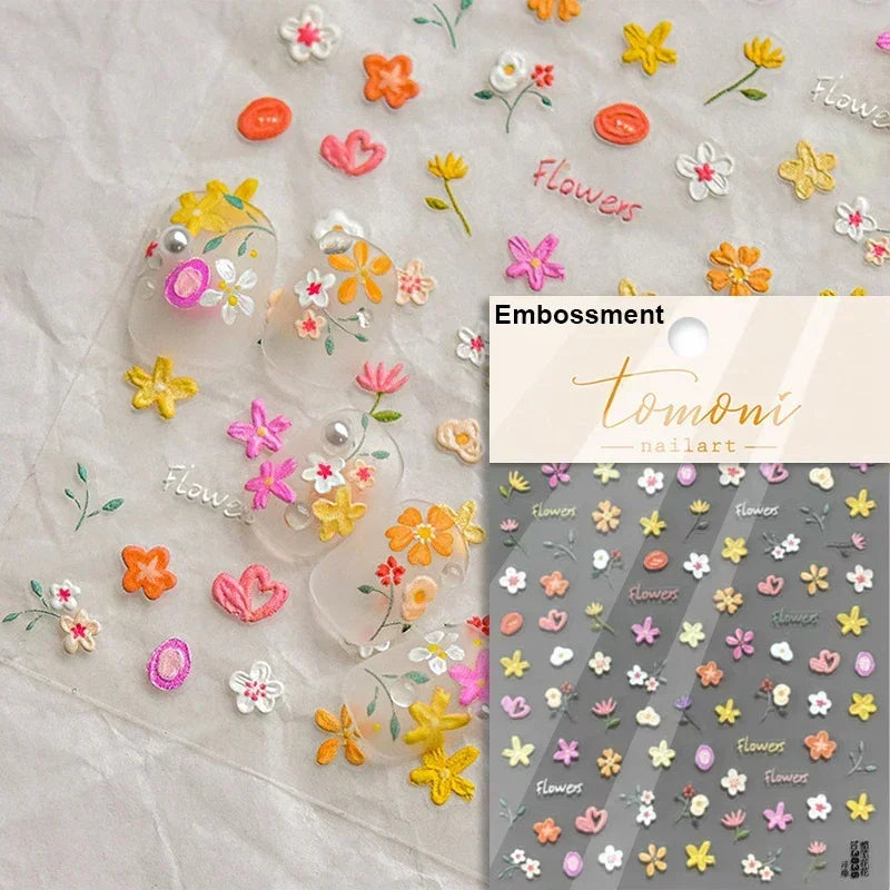 Yellow Autumn Osmanthus Flower Chrysanthemum Butterfly 5D Nail Art Sticker Chinese Character Vase Relief Adhesive Manicure Decal