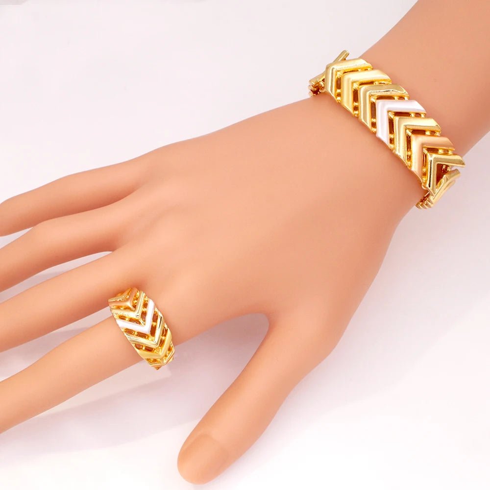 GZJPEI Tricolor Jewelry Set For Nigerian  Bridal Wedding Gift Hight Quality 18K Gold Plated Large Necklace Bracelet Earring Ring