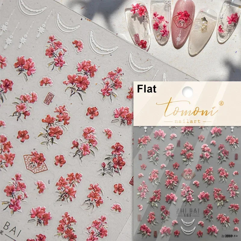 Yellow Autumn Osmanthus Flower Chrysanthemum Butterfly 5D Nail Art Sticker Chinese Character Vase Relief Adhesive Manicure Decal