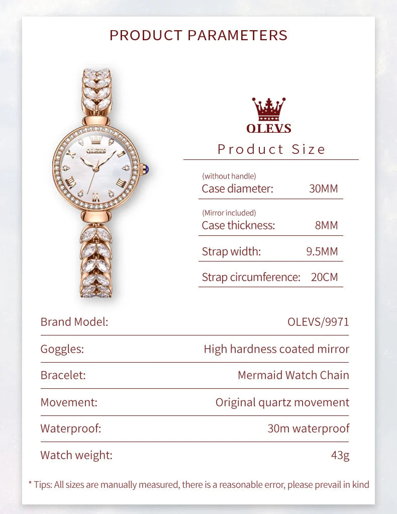 OLEVS 9971 Diamond Fishbone Women  Watch Luxury Brand Quartz Watch Elegant Bracelet Set Gift Box Waterproof HD Dial Women Watch