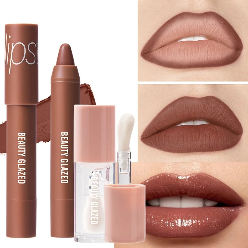 BEAUTY GLAZED 2pcs Lip Makeup Set,Matte Lipstick + Moisturizing Lip Oil,Nude Lipstick Matte Lipstick: Hydrate, Nourish, Brighten