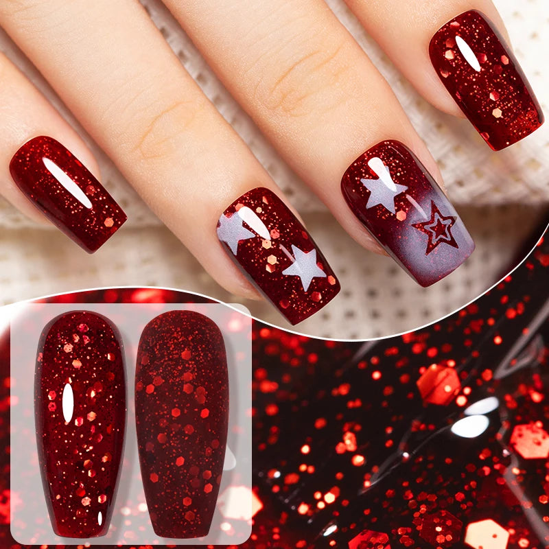 7.5ml Red Glitter Gel Nail Polish Crystal Semi Permanent Soak Off UV Gel Varnish Nail Art Manicure Base Matte Top Coat Vernis