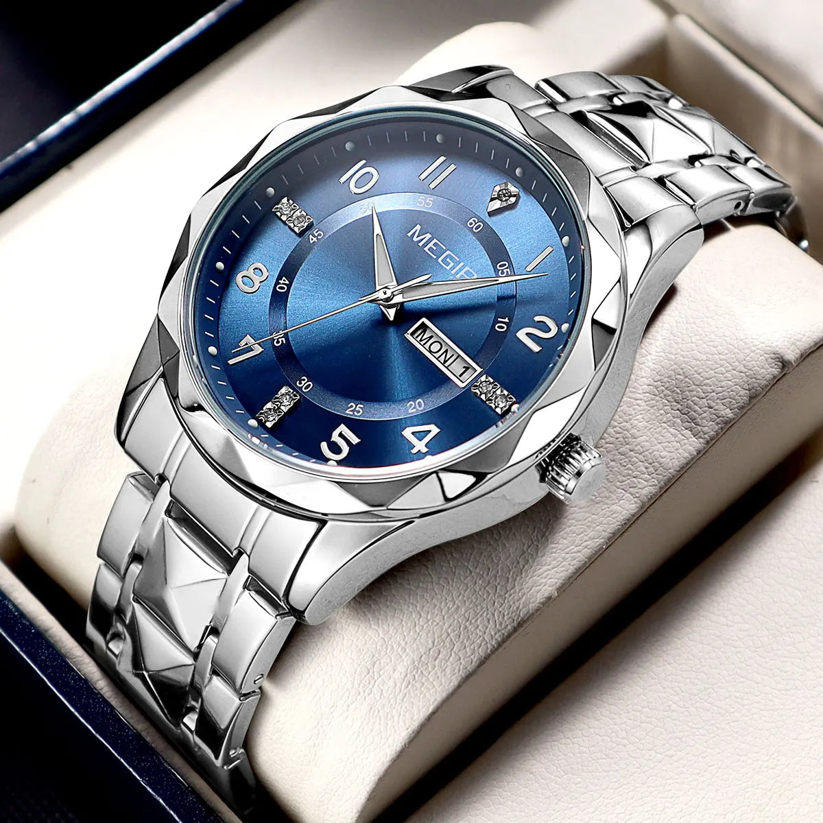 MEGIR Elegant Simple Style Men Quartz Watch with Date Day Display Fashion Stainless Steel Strap Alloy Case Ladies Wristwatch