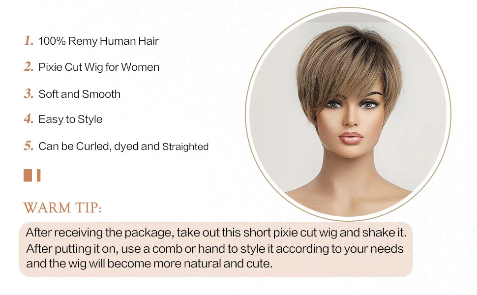 Lace Front Wigs Ombre Light Brown Remy Human Hair Ash Brown Pixie Cut Hairs with Bang Short Straight Wig for Women Bob Human Wig