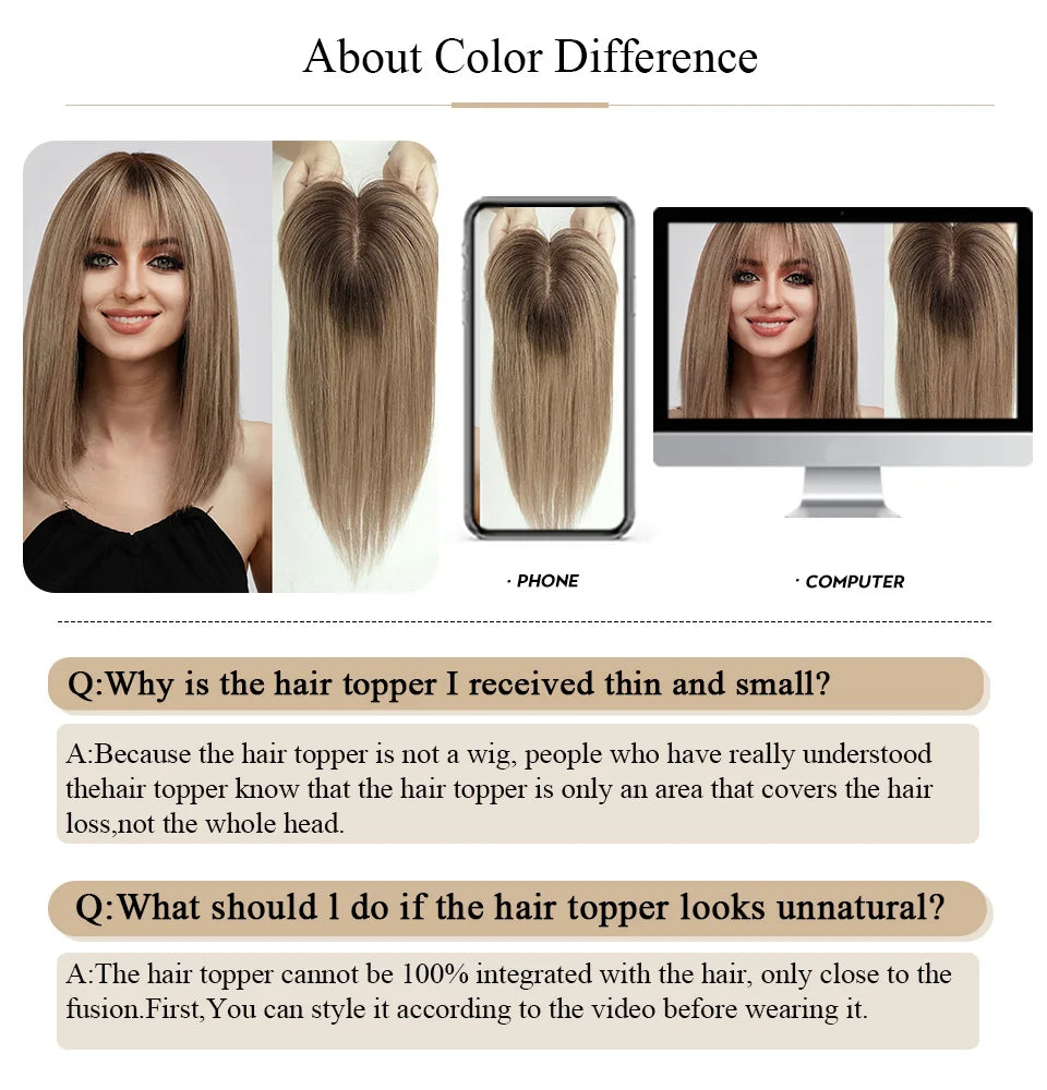 100% Remy Human Hair Toppers for Women Straight Brown Ombre 10inch Human Hair Topper with Bangs Silk Base Clip in Hair Extension