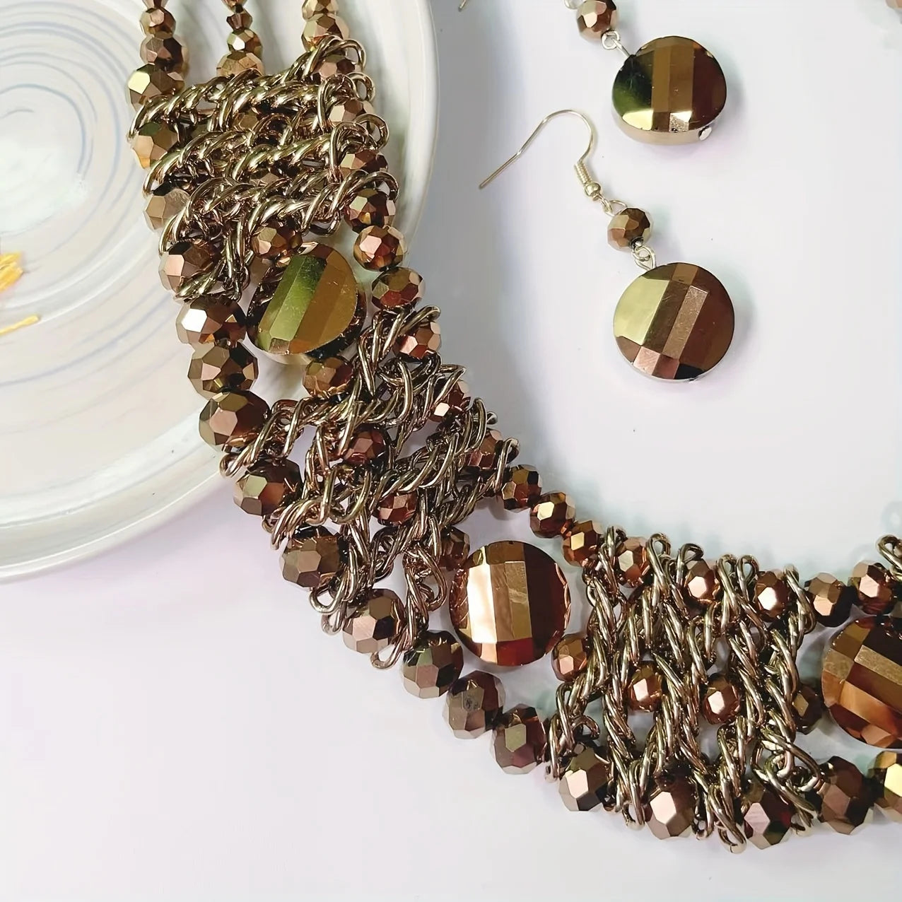 1 necklace +1 pair of earrings, 3 rows of artificial crystals, handmade, Bohemian style, perfect for everyday gifts!