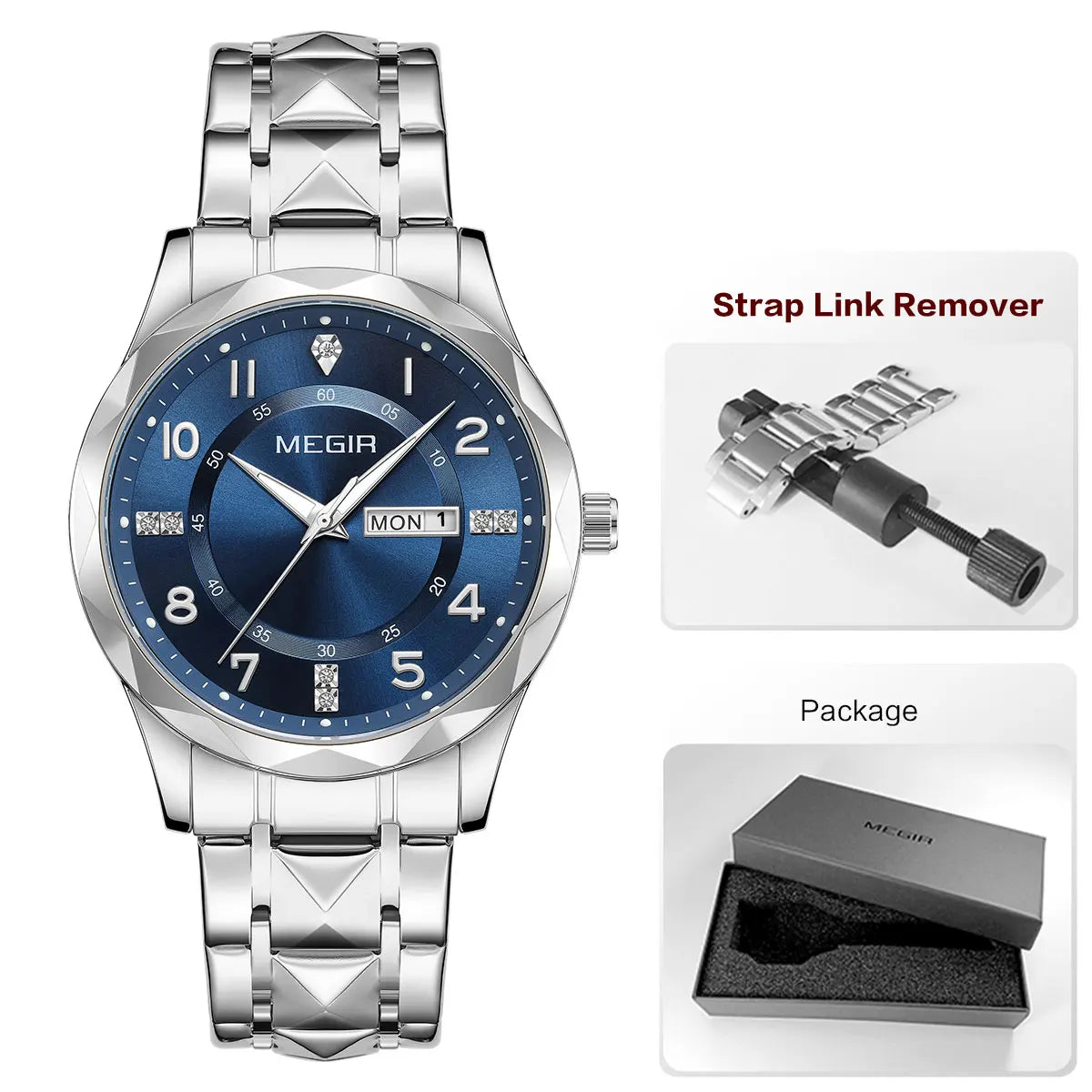 MEGIR Elegant Simple Style Men Quartz Watch with Date Day Display Fashion Stainless Steel Strap Alloy Case Ladies Wristwatch