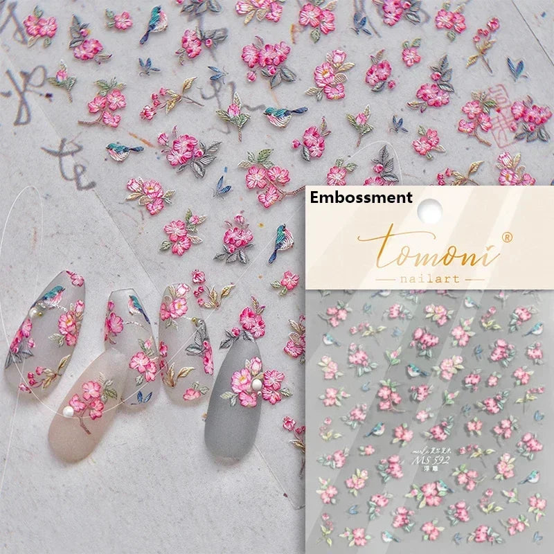 Yellow Autumn Osmanthus Flower Chrysanthemum Butterfly 5D Nail Art Sticker Chinese Character Vase Relief Adhesive Manicure Decal