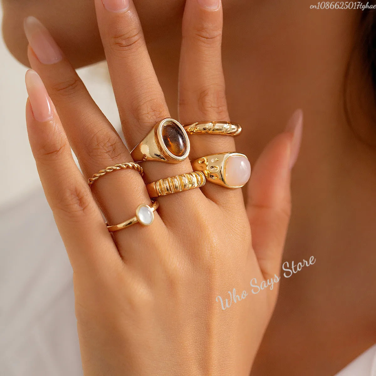 6pcs/set Tide Individuality Retro Geometric Hollowing Inlay Gem Rings SetLiquid State Metal Four-Piece Rings Set Paty Jewelry